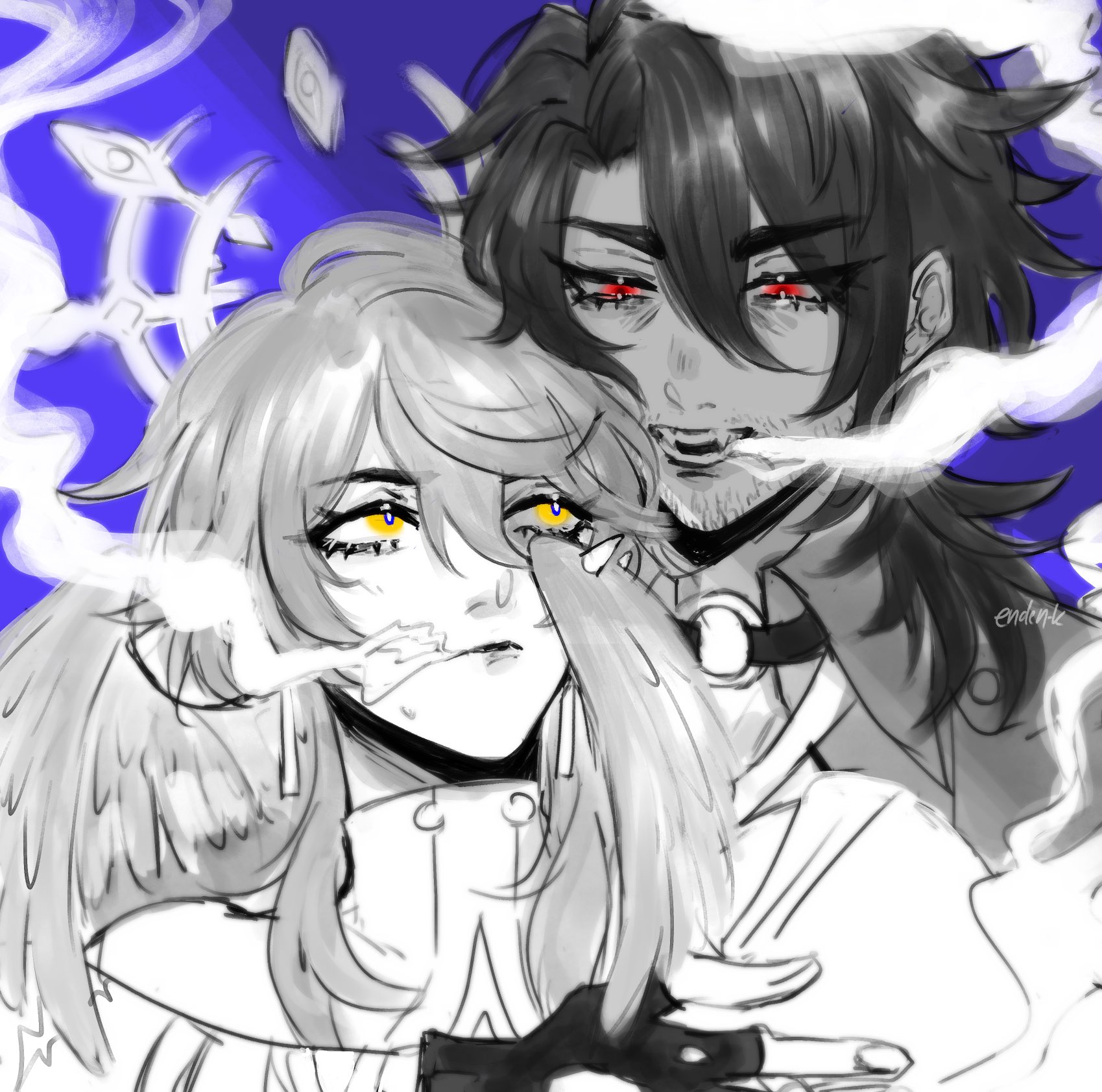 the artwork depicts a digital illustration of a male and female anime character in a close embrace. the