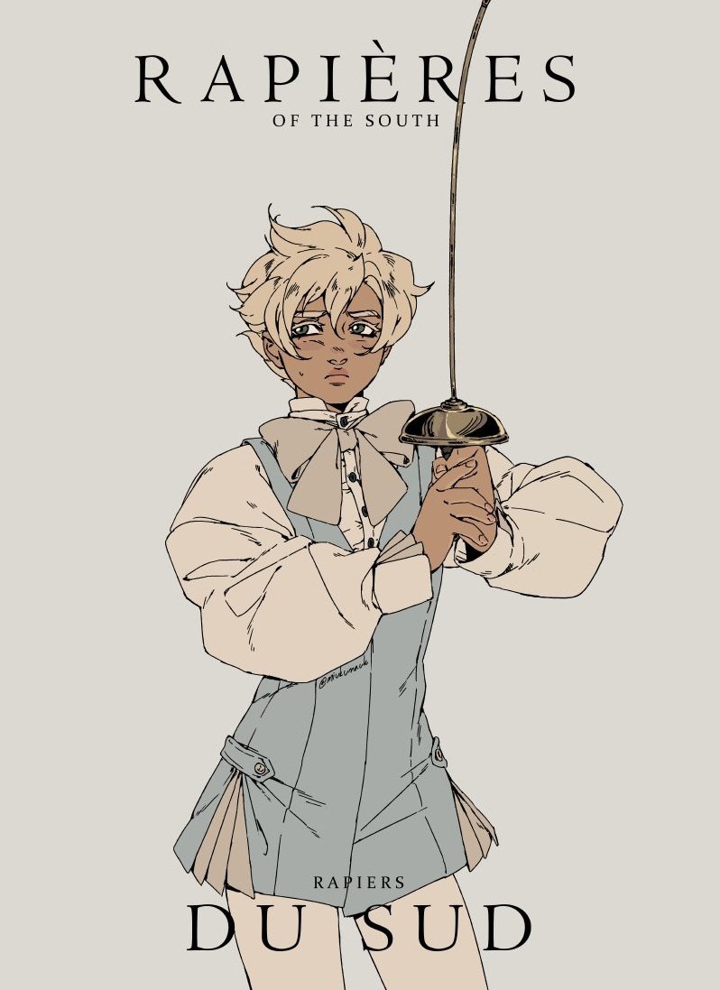 the image is a digital illustration of a young anime character, with blonde hair, wearing a white shirt with a blue vest and a large bow, holding a rapier. the background is a light grey and the word "rapieres of the south" is written at the top. the word "du sud" is written in a bold, stylized font at the bottom. the image is stylized and artistic, with a focus on the character's clothing and the rapier. the image is likely a representation of a character from a fictional story or a piece of fan art.