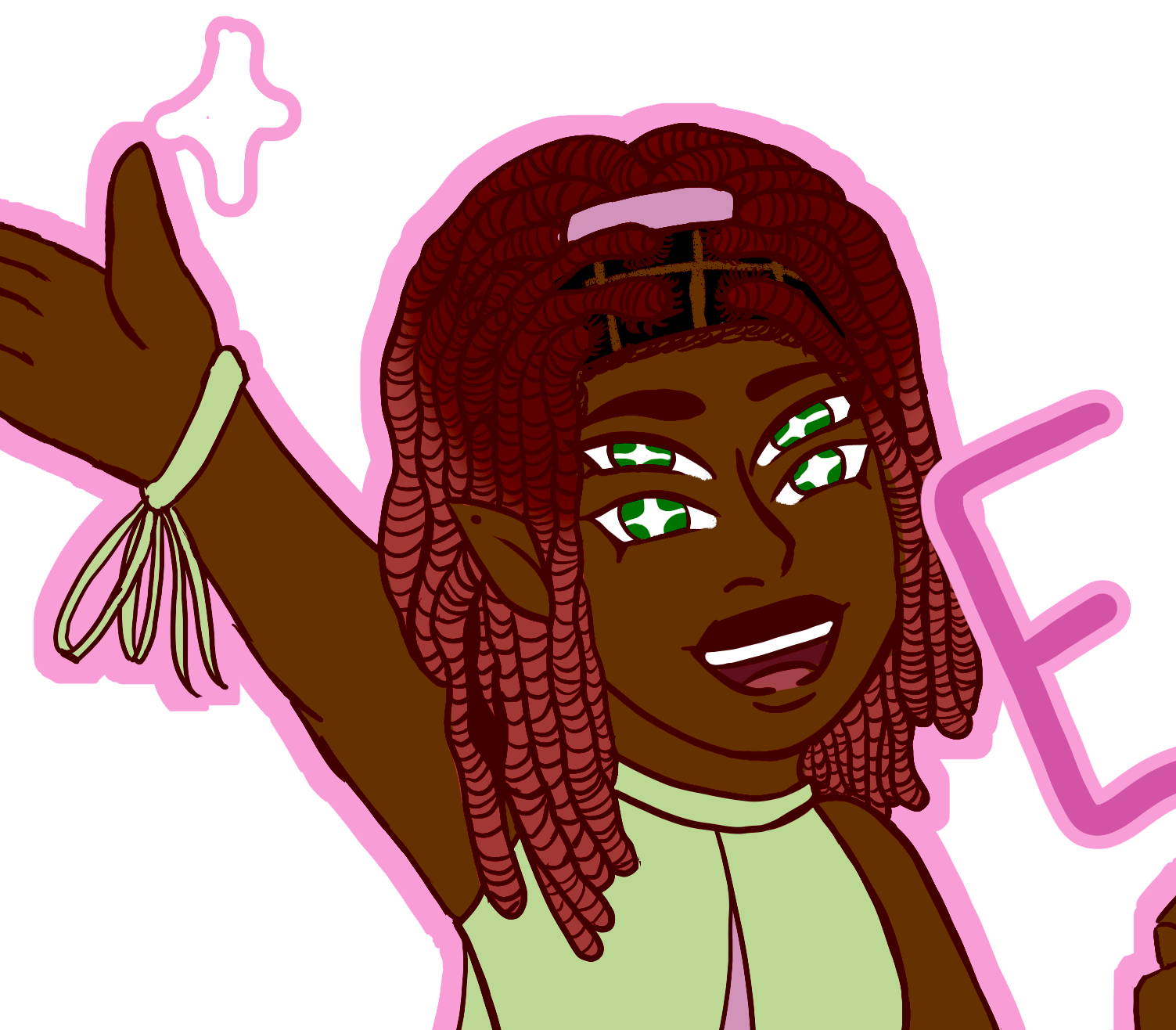 the image is a digital drawing or illustration of a joyful, cartoonish female character. she appears to be an elf with dark brown skin and long, thick, red dreadlocks styled with a light pink headband.  the character has a unique feature of four green eyes arranged in pairs. she's wearing a light green sleeveless dress, a light green bracelet, and is cheerfully waving her hand.  the background is predominantly pink with a pastel aesthetic, and there's a stylized star near her hand.  a large pink "e" is partially visible in the background. the overall style is whimsical and playful, suitable for sticker art or a similar application.