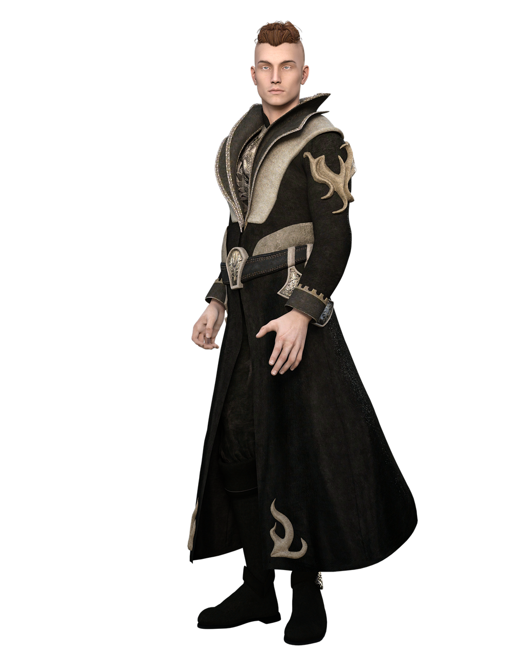 a full body shot of a man in a fantasystyle long coat, standing against a black background. he is wearing a black coat with decorative gold and silver elements and matching boots. the man has a serious expression and his hair is short on the sides. the image appears to be a digital rendering of a fantasy character.