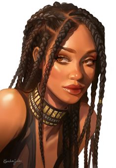 the image is a portrait of a beautiful darkskinned woman with intricate braids adorned with gold accents. she wears a striking gold choker, and her captivating gaze draws the viewer in. the soft lighting enhances her features, creating a sense of warmth and intimacy.
