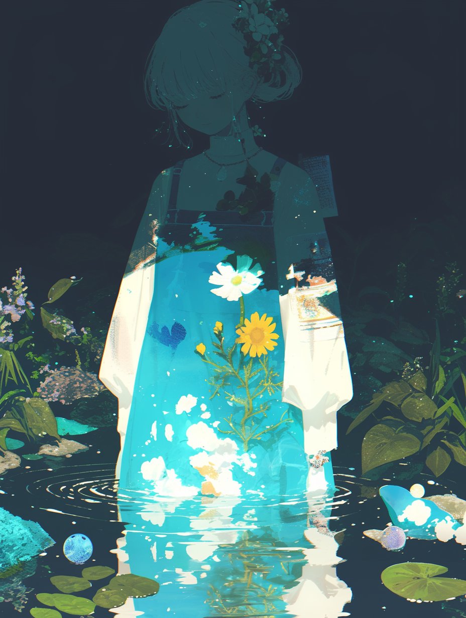 the image is a digital painting or illustration depicting an animestyle girl standing in a pond. the girl appears almost translucent, blending with the water. she is wearing a lightcolored longsleeved shirt or dress over a teal overall dress.  daisies and cosmos decorate the dress and grow from the water around her. the scene is set at night, with dark surroundings and the water reflecting the girl and the surrounding plants and flowers. the overall mood is ethereal, peaceful, and slightly mystical. the style is highly artistic and suggestive of fantasy.