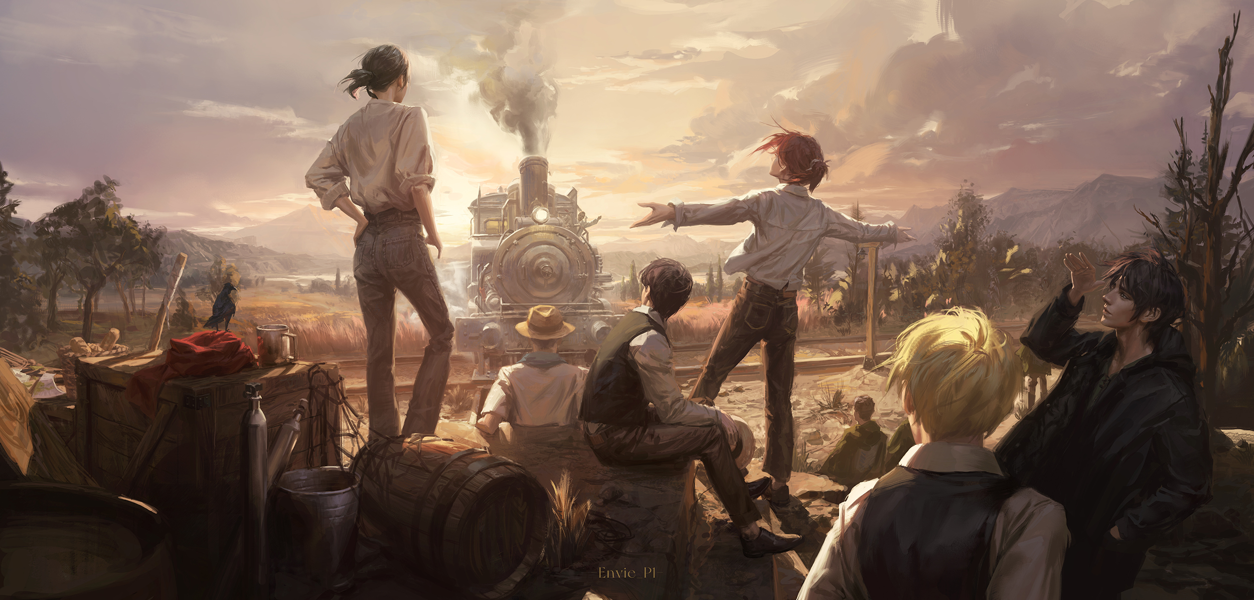 a digital painting depicts a group of people gathered near a train track, observing an old steam engine billowing smoke into the sky. the group consists of individuals standing, sitting, and gesturing towards the train, which is positioned in the center of the scene. the surrounding landscape features rolling hills, mountains, and a dramatic sky with clouds and warm lighting, suggesting either a sunset or dusk. various props, such as barrels, wooden crates, and luggage, are scattered around, adding to the vintage atmosphere of the setting. a crow is perched on a crate in the foreground.