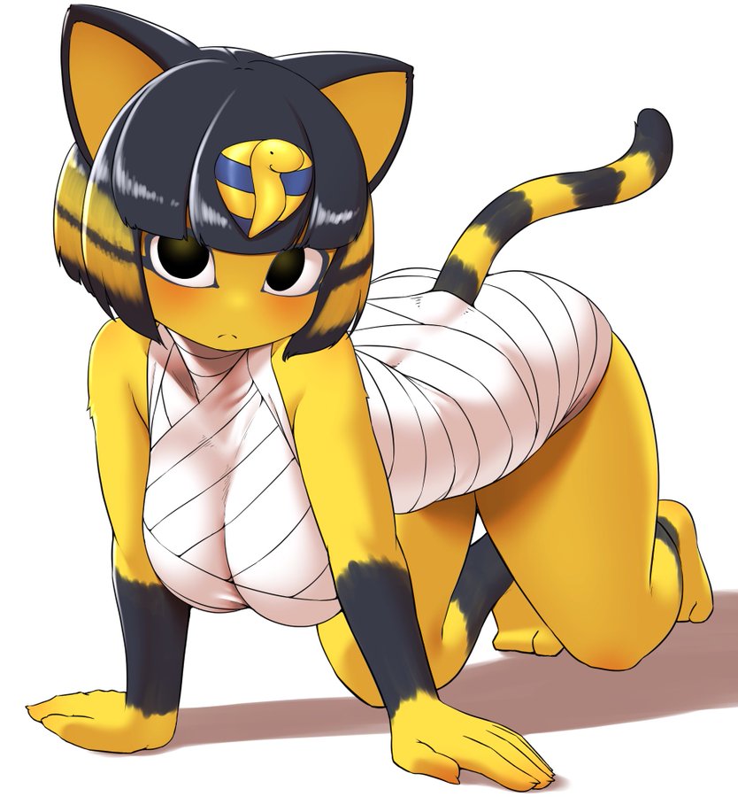 this is a digital illustration of an anime furry cat dressed as an egyptian mummy.  she's curled up on the floor and looks adorable.