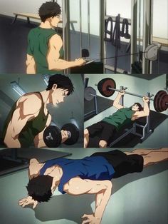 : the image is a collage of four panels showing a muscular man working out in a gym. he is seen using various weightlifting equipment, including a lat pulldown machine, dumbbells, a barbell bench press, and performing pushups on the floor. the man is clearly dedicated to his fitness routine, as evidenced by his physique and the intensity of his workout. the gym setting is typical, with weight machines and equipment in the background. the overall tone of the image is one of strength, determination, and physical fitness.