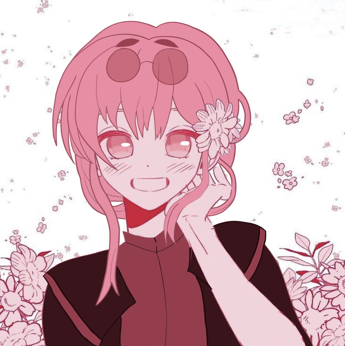 a digital illustration of a cute anime girl with pink hair, smiling, wearing sunglasses, and a pink flower in her hair. she is wearing a dark pink jacket. there is a pink floral background.