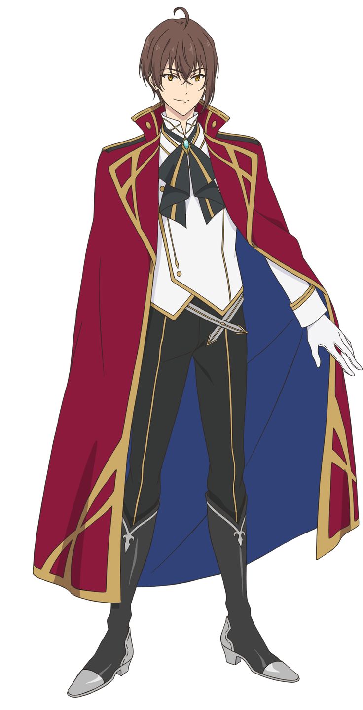 the image shows an anime character standing with a red coat, black pants, a white shirt, a bow tie, and boots. he has brown hair and blue eyes. he is holding a sword. the background is white.