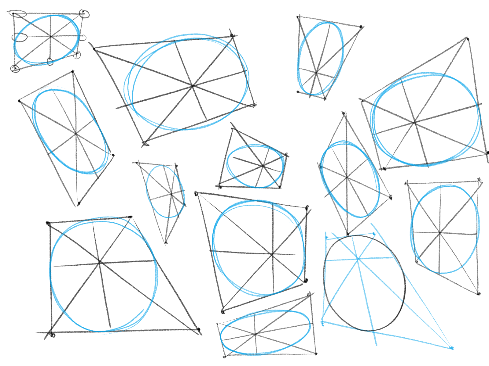 the image showcases a collection of various geometric shapes, primarily circles and ellipses, enclosed within differently oriented polygons.  these shapes are rendered in a handdrawn style, with lightly sketched lines forming the polygons and more defined lines creating radial divisions within the circles and ellipses. the circles and ellipses are outlined in light blue, while the polygons are drawn in black.  the overall composition is abstract and suggests a study in perspective and the relationship between twodimensional and threedimensional forms.  the style is reminiscent of a design sketch or a geometric art piece.
