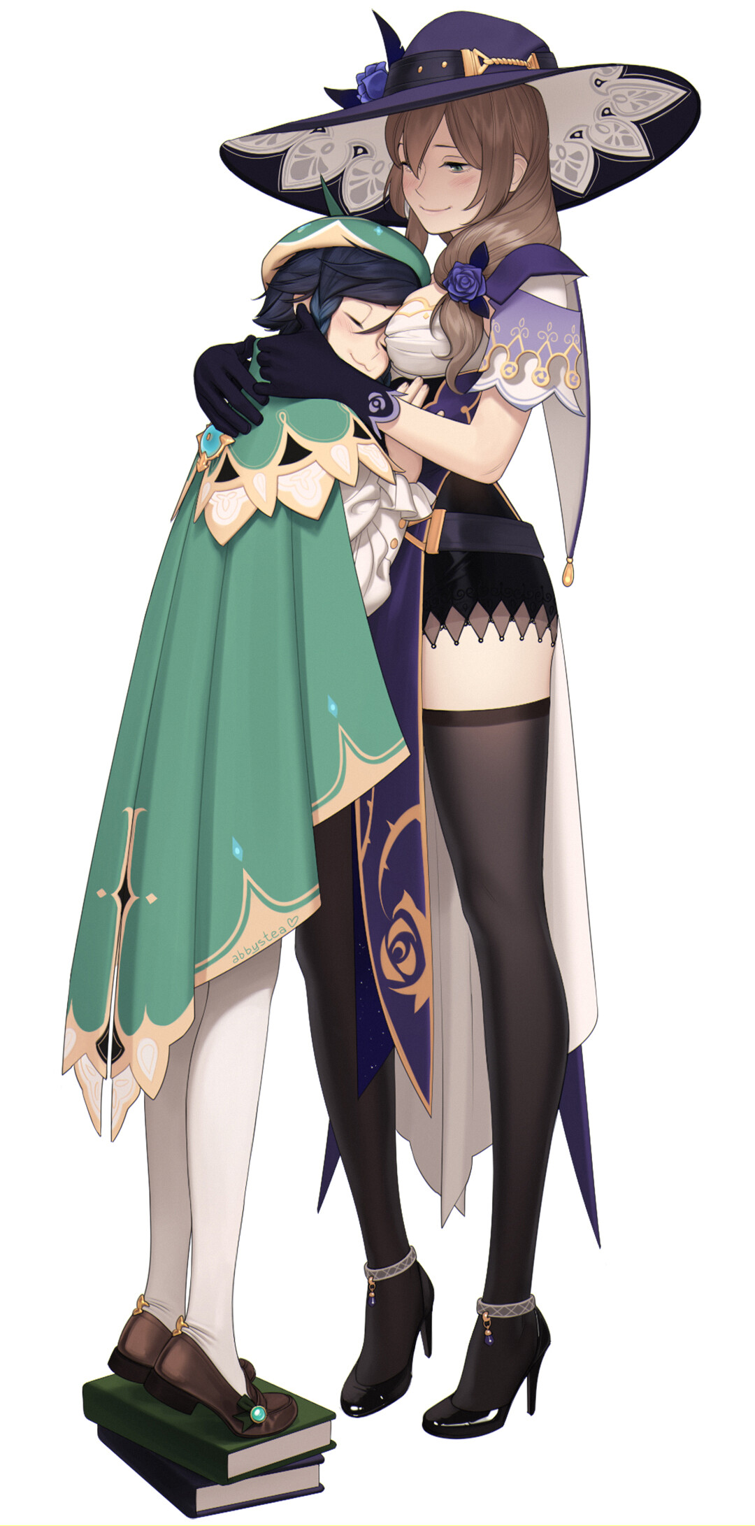 two animestyled characters are embracing in front of a white background. the taller character is a woman with long brown hair, wearing a witch's hat and a revealing black and purple outfit. the shorter character is a man with blue hair and a green sorcerer's cloak. he is resting his head on the woman's chest. the lighting is soft, and the perspective is slightly low.