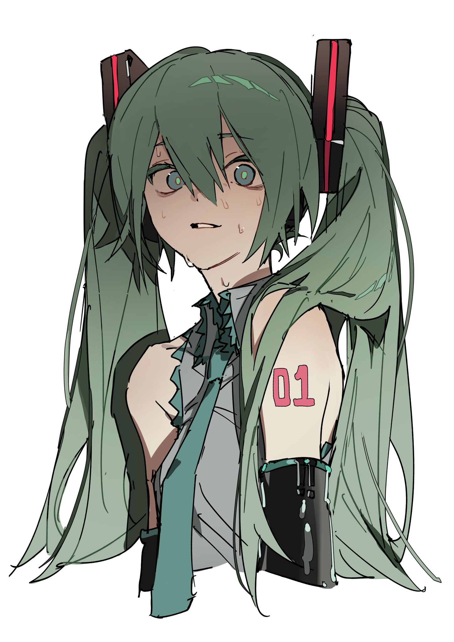 the image shows an anime character, specifically hatsune miku, with green hair styled in her signature twin tails. she appears to be nervous or worried, as indicated by the sweat droplets on her face and a slightly despairing expression. she is wearing her usual outfit, with the number "01" on her arm. the overall style is reminiscent of anime, with distinct character design and shading.