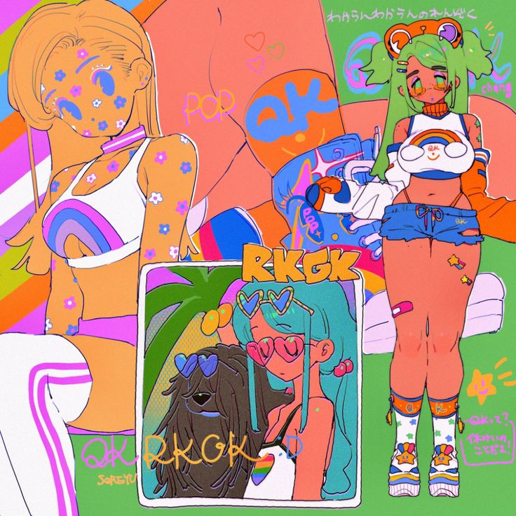 this is an illustration of three anime girls, a black dog and various colorful graphics. the girl on the left is wearing a white and rainbow bikini top, white and pink leggings, and white stockings. she has blond hair and is looking to the side. the girl in the middle is wearing a blue and pink bikini top, and a white skirt. she has teal hair and is looking at the dog. the dog has black fur and is wearing blue sunglasses. the girl on the right is wearing a white top with a rainbow and a yellow and blue bikini bottoms. she has green hair and is looking at the camera.