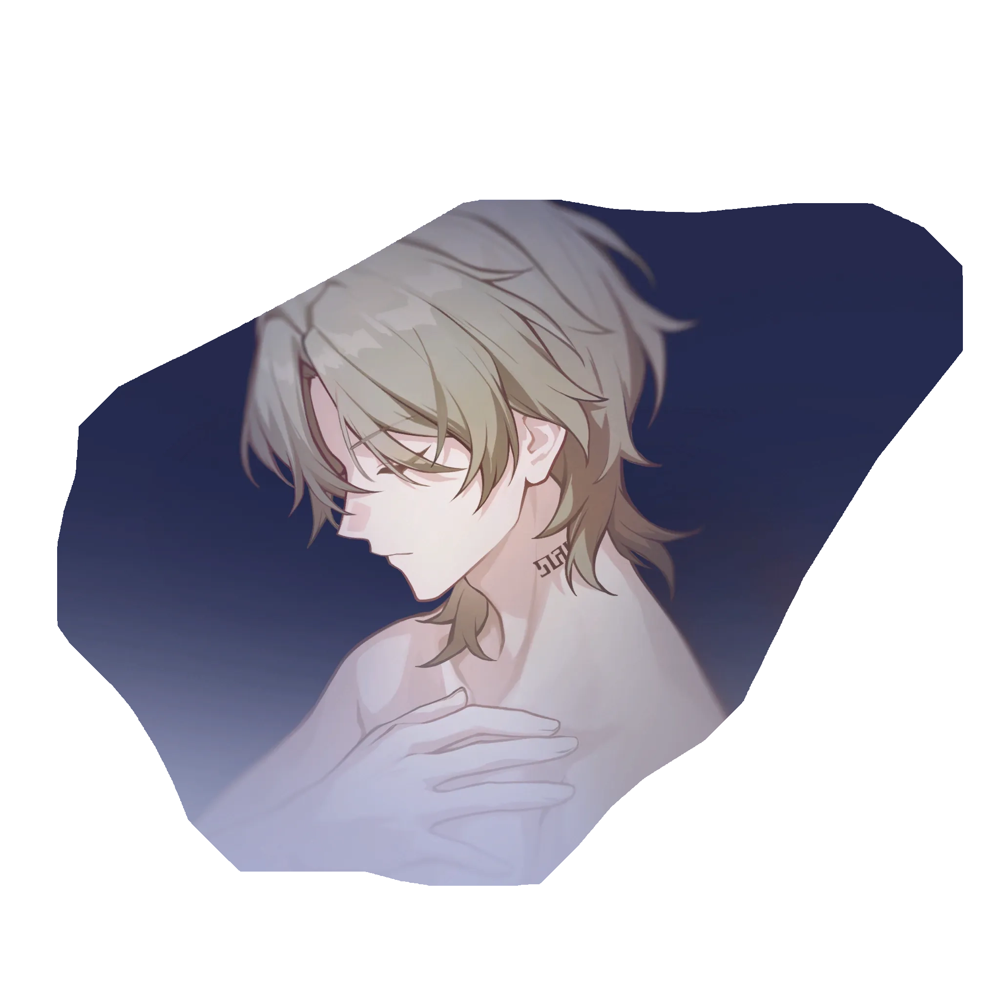 he image is a digital painting or illustration of an anime or mangastyle male character. he has shoulderlength blond hair, pale skin, and a sad or pensive expression.  he's shirtless, with his hands gently touching his chest. a small, stylized tattoo is visible on his neck. the art style is soft and detailed, with a focus on the character's face and upper body. the background is dark purple and shadowy, giving a mysterious and melancholic atmosphere.  the overall style suggests a romantic or dramatic setting.