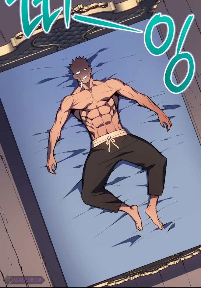 a shirtless man with a muscular physique is lying on a bed. he has his legs crossed at the ankles and his arms are outstretched to the side, almost like he's sleeping. he is wearing dark trousers with a white waistband. he's very detailed and appears to be in some sort of comic or graphic novel. the art style is very stylistic, with exaggerated lines and a sense of dynamism. the background is a simple blue, almost like a bed sheet or blanket, with a hint of brown wood grain in the upper left corner. the image is wellcomposed, with the man's body taking up most of the space, giving the viewer a sense of intimacy and closeness to the character.