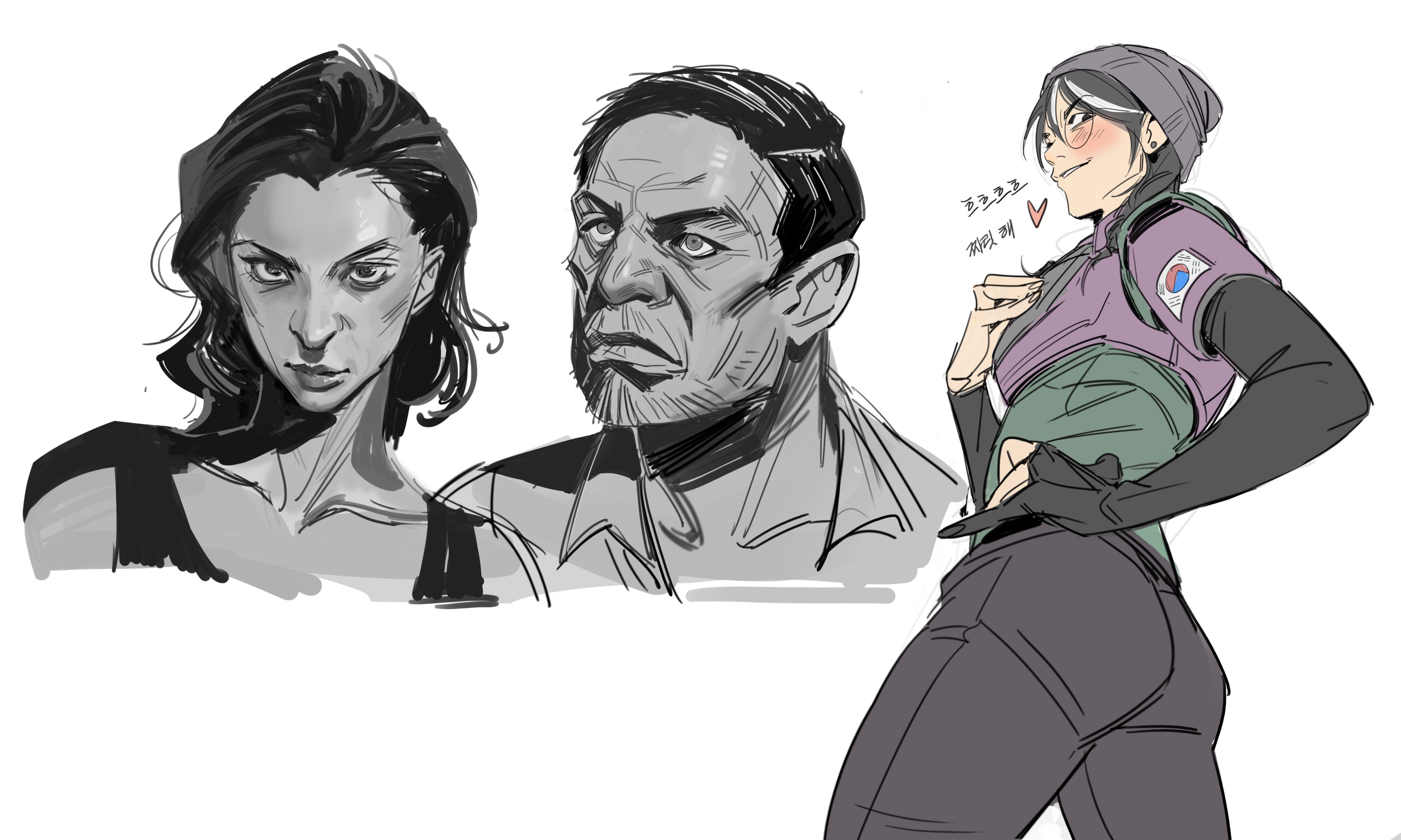 the image contains three character sketches, seemingly concept art for a game or animation.  one is a grayscale portrait of a seriouslooking woman with dark hair. another is a grayscale headshot of an older man with a weathered face. the third is a colored fullbody sketch of a younger woman with short dark hair, wearing tactical clothing with a korean flag patch, who is striking a confident, somewhat playful pose. the style is loose and expressive, characteristic of concept art or quick character studies.  korean text is present near the colored female character.