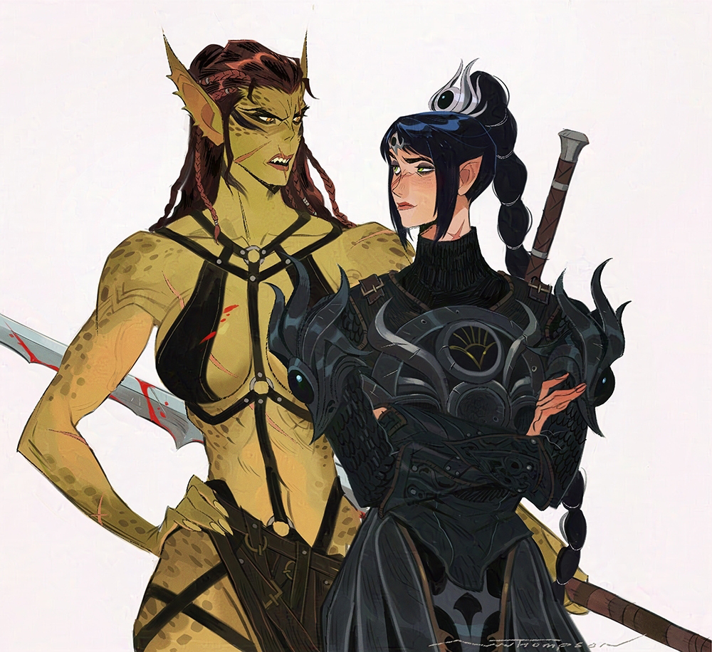 two female warriors.  the one on the left is a humanoid with green scales and wears a black harness. she has a sword in her hand. the warrior on the right is in full black armor and holds a sword at her side.  they are both looking forward. they are both facing the viewer. the image is in an anime style.