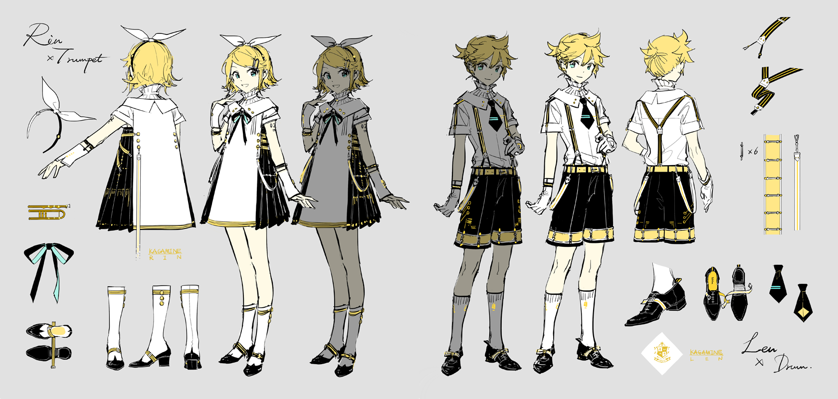 the image showcases concept art and character designs for kagamine rin and len, virtual singers from vocaloid, with a musical theme. rin is depicted with a trumpet theme, wearing a dress with black and white variations and a ribbon in her hair, and len is designed around drums, wearing shorts and suspenders with a necktie. the image includes details of their outfits, shoes, socks, gloves, and accessories, along with sketches and diagrams of additional design elements related to their musical instruments.