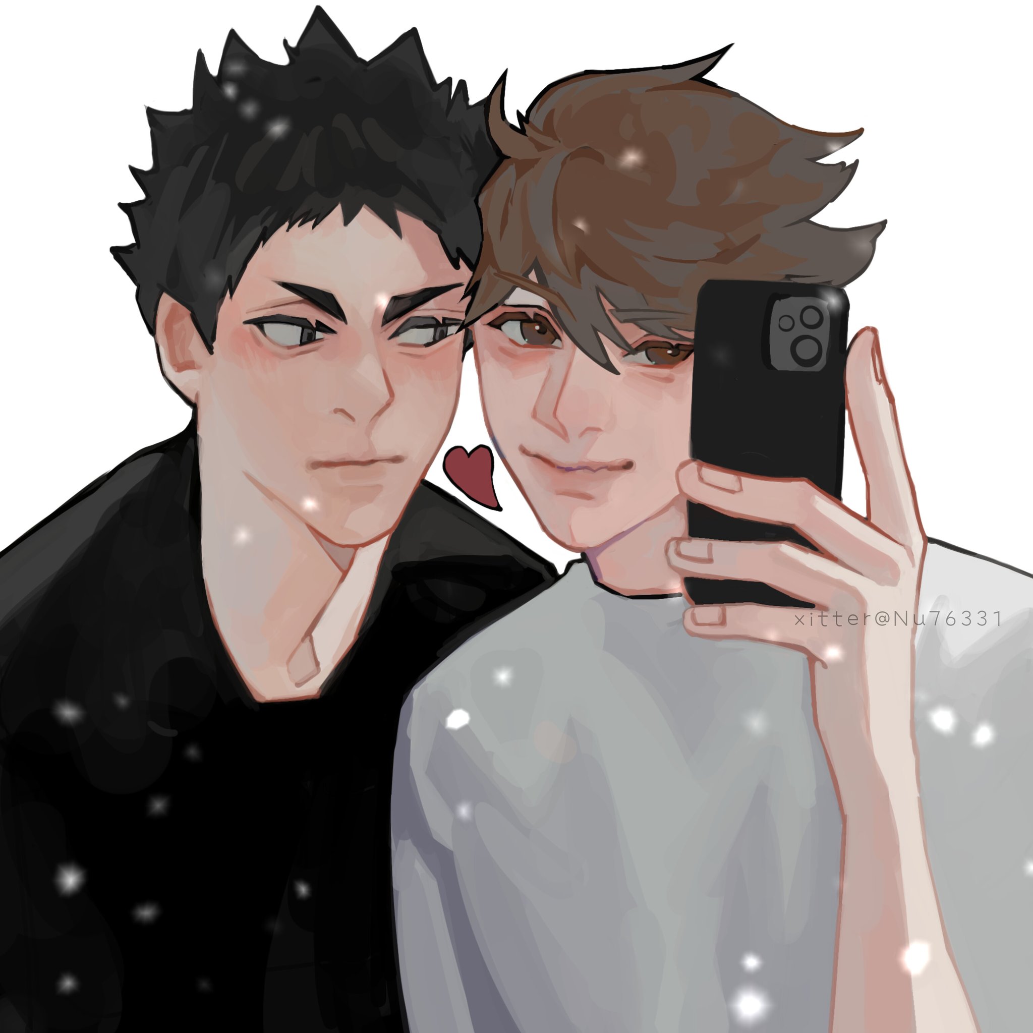 this is a digital drawing of two anime boys taking a selfie together. the boy on the left has black hair and is wearing a black shirt. the boy on the right has brown hair and is wearing a white shirt. they are both smiling and looking at the camera. the background is a snowy scene.