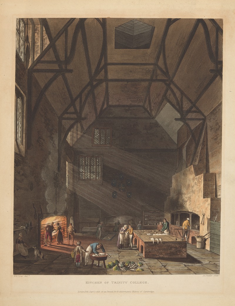 an illustration depicts the kitchen of trinity college, cambridge, showcasing a bustling interior with various kitchen staff engaged in food preparation. the scene features a large oven with figures working around it, tables laden with vegetables, and individuals cooking and dining. the architecture is notable for its timber frame and windows, conveying a sense of historical setting.
