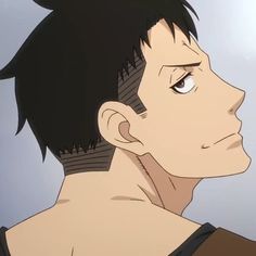 this is a side portrait of an anime man with short black hair and brown eyes. he is facing to the right with his lips slightly parted.