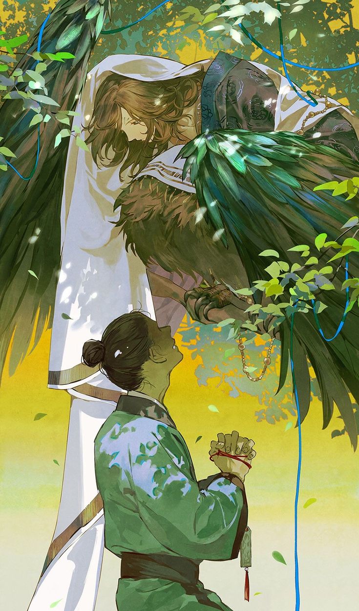 he artwork depicts a fantasy scene with two male characters. one character appears to be a celestial being or a creature with large, dark green wings, partially shrouded in a white robe. the other character is dressed in green traditionalstyle clothing and appears to be offering their hands in a gesture of affection or reverence.  the two are embracing in a serene and peaceful manner under a canopy of trees, against a warm yellow background.  the artwork is rendered in a style reminiscent of anime or manga, with soft brush strokes and an ethereal atmosphere. a red string ties the characters' hands together, signifying a bond or connection. the overall mood is one of romance and peaceful coexistence with nature.