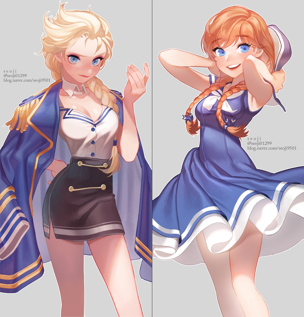 this is a digital illustration of two anime girls dressed in sailor outfits. the girl on the left is blonde, and the girl on the right is redheaded. both are wearing blue and white sailor dresses. the blonde girl is also wearing a blue jacket with gold trim, while the redheaded girl is wearing a white hat with a blue ribbon. both girls are smiling and looking at the viewer. the girls are standing next to each other with their shoulders touching. the illustration is set against a white background. the illustration is a stylized representation of the girls, and is designed to be aesthetically pleasing.  this is a colorful and stylish image that would be great for use as a wallpaper, avatar, or profile picture.