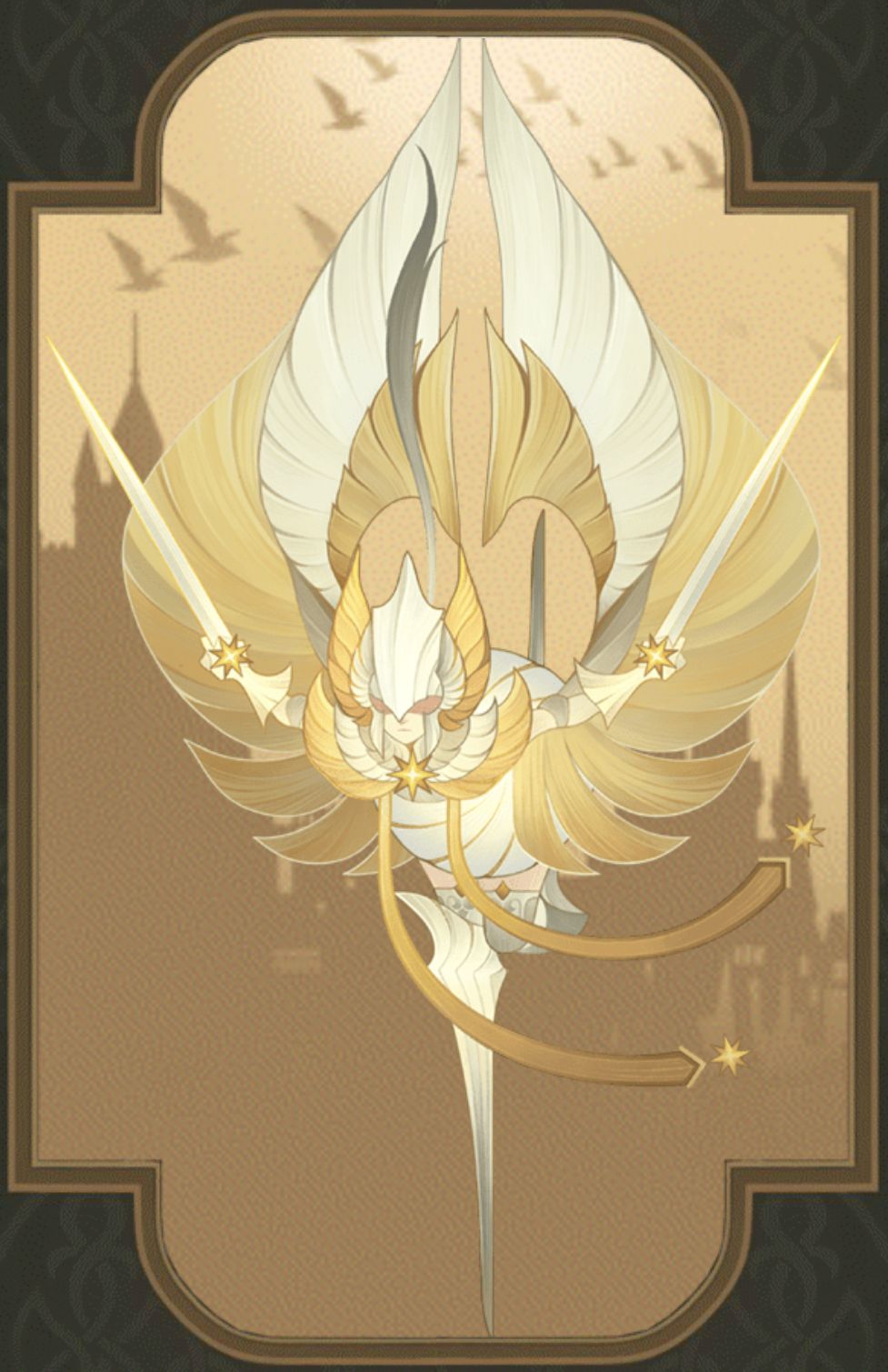 the image features a majestic angel with white and gold armor and feathered wings gracefully wielding two shining swords. the angel is set against a backdrop of a hazy sky with soft clouds and the silhouette of a castle, creating a sense of ethereal beauty and power. the soft lighting and warm tones contribute to the overall serene and divine atmosphere.