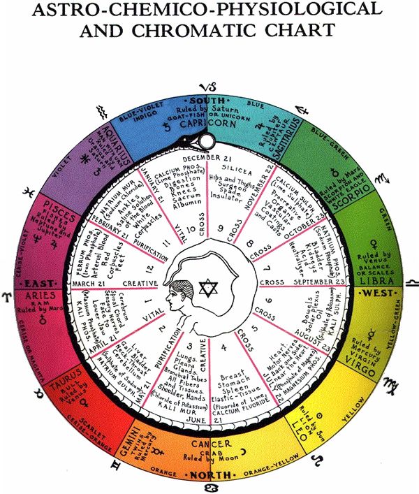 the image is an astrological health chart titled "astrochemicophysiological and chromatic chart." it features a circular diagram divided into twelve sections, each representing a zodiac sign with associated dates, colors, cardinal directions, and corresponding parts of the human body. also indicated are minerals and salts associated with each sign. the diagram is overlaid with symbols and features a central image of a person's head within a star, with intersecting lines labeled "cross." the chart is intended to connect astrological concepts with health and physiology.