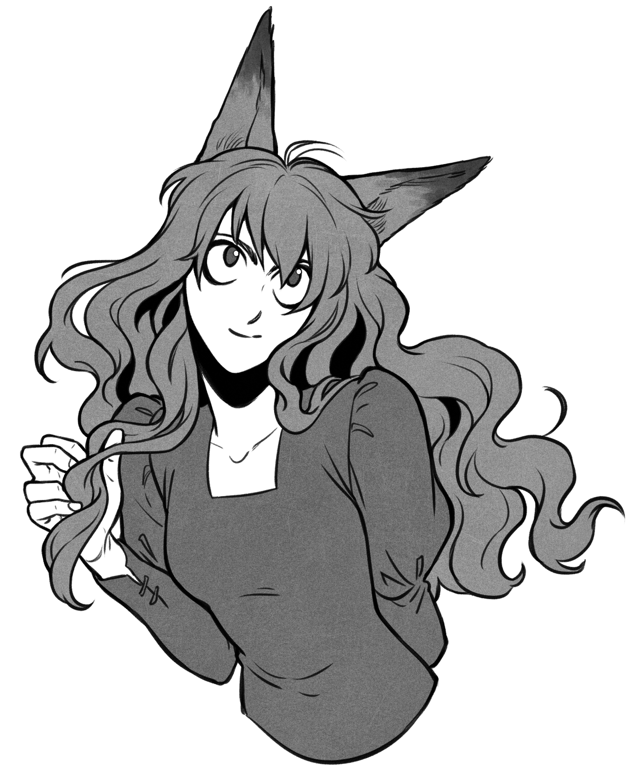 the image is a black and white bust portrait illustration of a young woman with long flowing hair and fox ears. she is stylized in a manga or anime style and has large, expressive eyes. the image has a soft, dreamy quality.