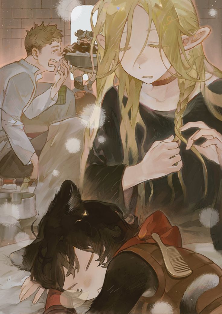 the illustration depicts a scene in what appears to be a tavern or inn. a blondehaired elf girl with pointed ears is seated, braiding her hair.  a man with brown hair is sitting in the background, appearing to yawn or be tired. a dwarf is visible in the far background. in the foreground, a person with black hair and catlike ears is sleeping peacefully. the overall mood is peaceful and quiet, with soft, muted colors and warm lighting. the style is reminiscent of anime or manga, with a focus on soft lines and expressive characters. the image suggests a narrative or story, hinting at a scene of rest or downtime.