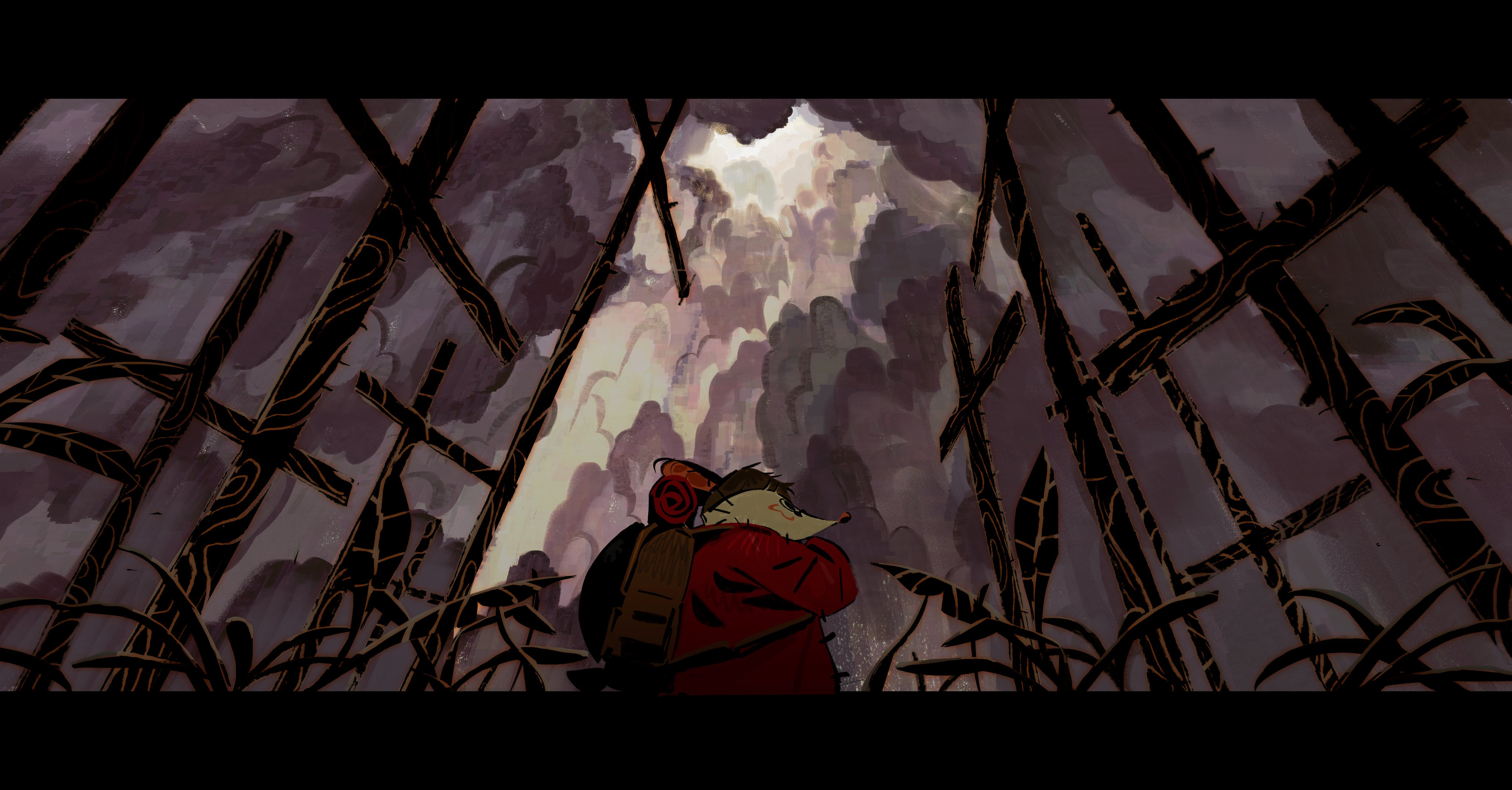 the image is a digital painting or illustration that features an anthropomorphic mouselike creature wearing a red jacket and a backpack, standing in a dark and mysterious forest.  the trees are stylized with dark, almost skeletal branches, and the overall atmosphere is moody and atmospheric. a soft light peeks through the canopy above, creating a contrast with the darker tones of the forest. the style is whimsical yet slightly dark and surreal. the creature appears to be on a journey or adventure, with its gaze directed upward towards the light. the overall composition and color palette contribute to the image's mysterious and atmospheric quality.