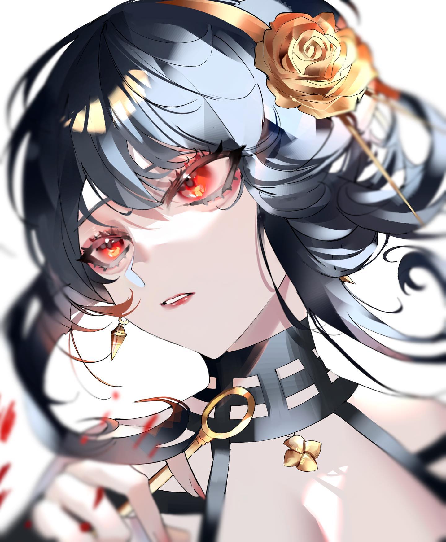 the image is a digital drawing or painting of an animestyle female character. she has long, dark bluegray hair with gold accents, and striking red eyes that appear to be filled with emotion, possibly sadness or anger.  she is wearing a darkcolored, revealing outfit with gold jewelry, including a prominent choker and a headband adorned with a golden rose.  there are hints of blood or red markings on her hands and face, suggesting a possibly violent or tragic situation. the style is detailed and somewhat dramatic, with strong use of light and shadow to emphasize the character's expression and features. the overall mood is somber and intense.