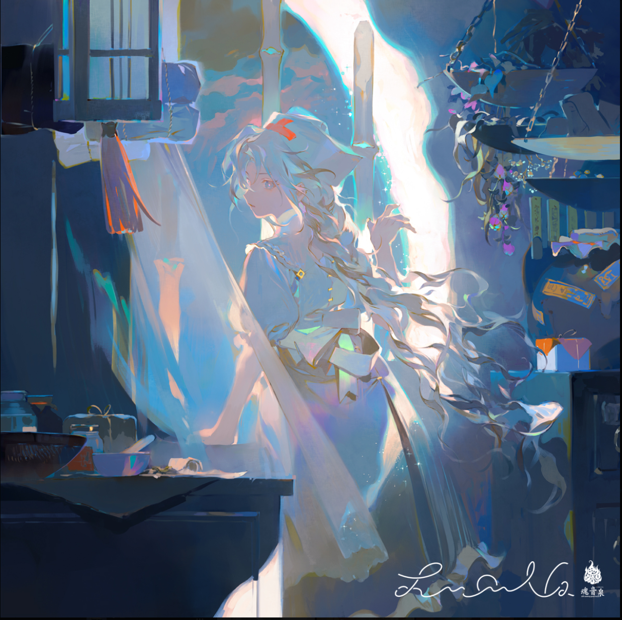 a digitally drawn illustration of a young woman with long, flowing white hair and a red cross on her hat. she is shown in profile, holding a glowing staff, bathed in soft light emanating from behind her. the environment appears to be a workshop or study of some kind, with a desk and various tools and objects scattered around. the overall atmosphere is mystical and serene.