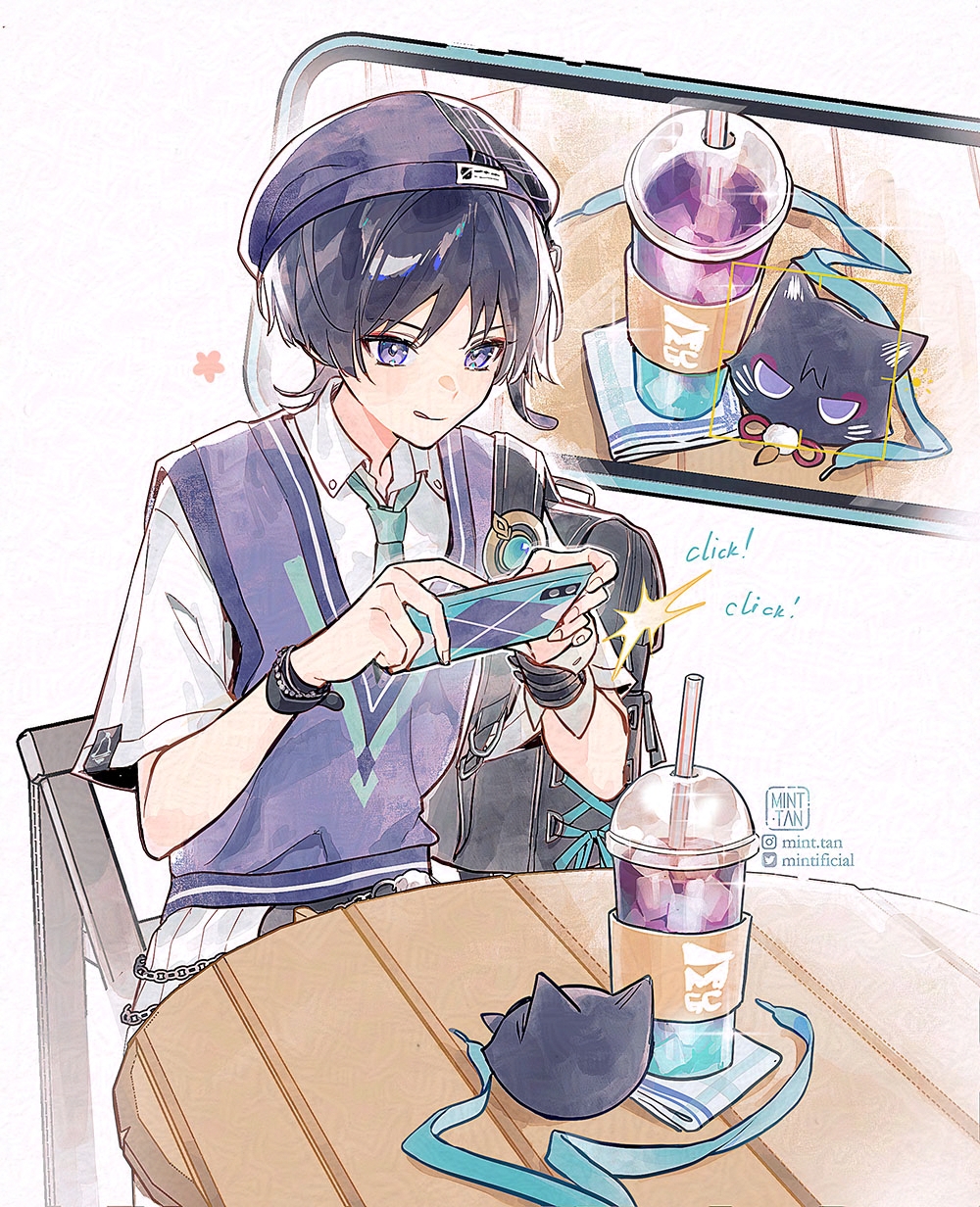 this animestyle illustration shows a young boy with black hair and purple eyes holding a phone and taking a picture of a black cat. he's wearing a blue shirt with a white collar.  there is a table in front of him with a glass of ice and a black cat sitting on it. the table has a blue ribbon around it. in the background is a window of a cafe with a black cat in it looking at the camera. the image is very cute and colorful.
