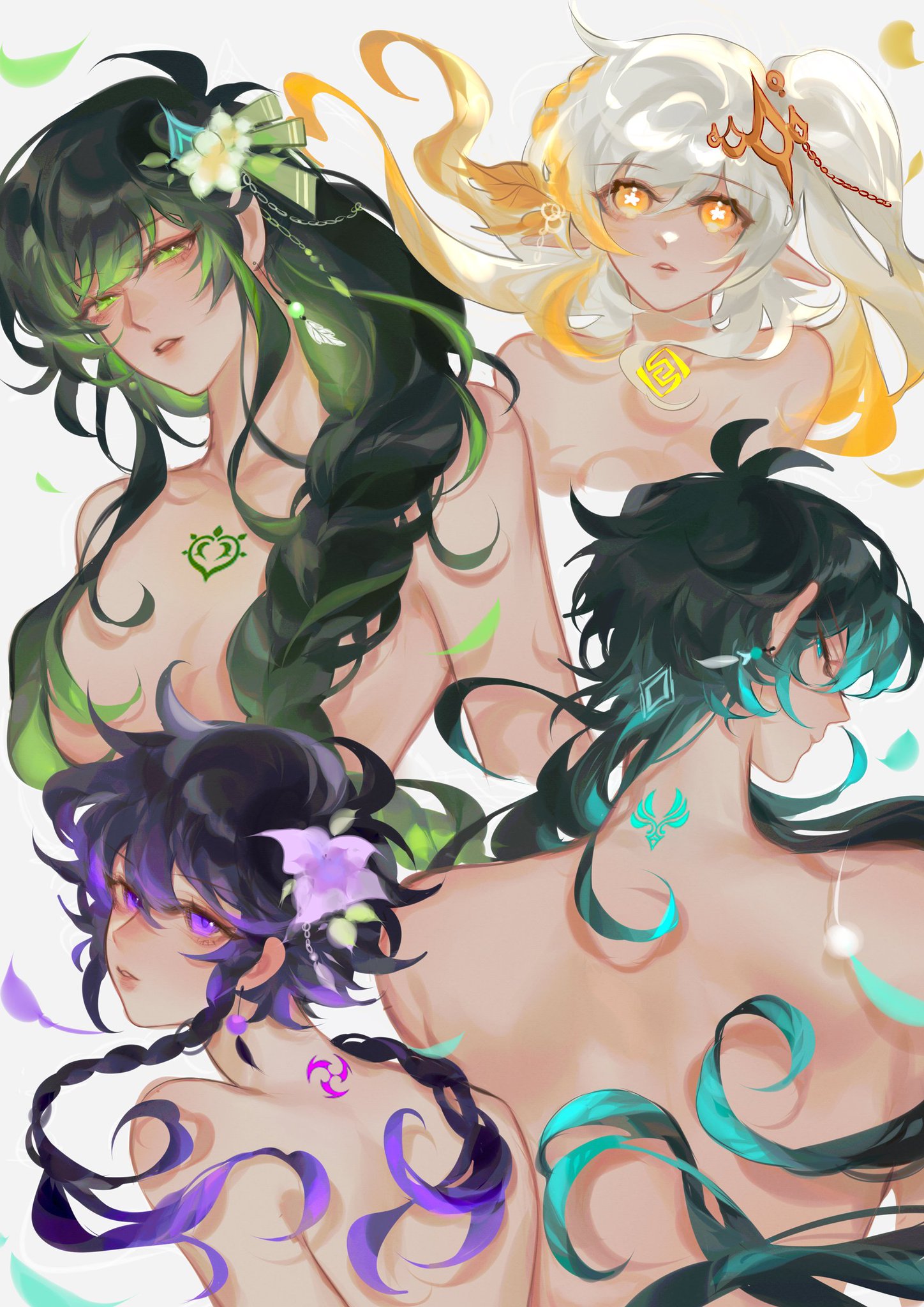 the image is a digital artwork depicting four animestyle female characters. each character is portrayed from the back, showcasing their bare backs adorned with unique tattoos or markings. their hair is strikingly long and vividly colored, flowing dramatically around them in an ethereal and stylized manner.  the color palette is soft and dreamy, focusing on greens, purples, whites, and teals. the overall style is elegant, mystical, and reminiscent of fantasy art.  the art style strongly suggests that it is fanart, possibly related to the video game genshin impact, given the characters' design.