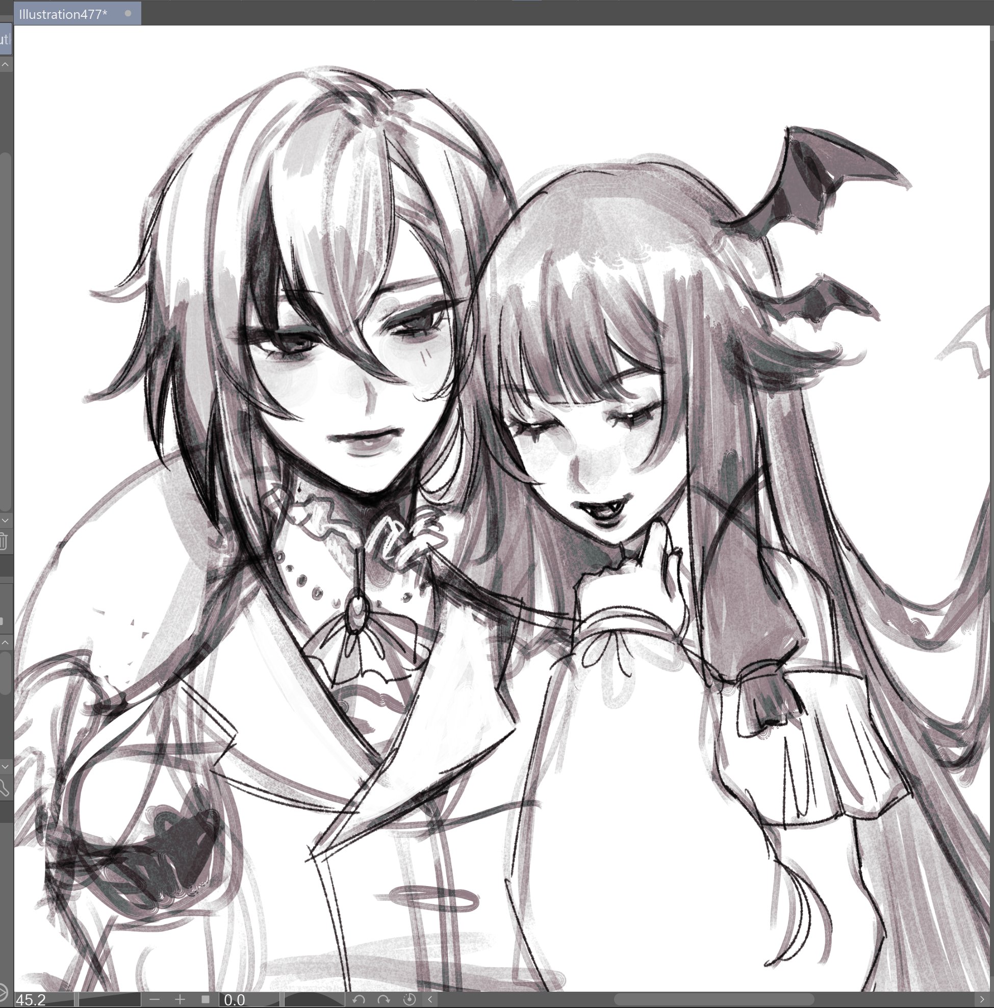 this is a beautiful black and white digital illustration depicting two anime girls, one with long, flowing hair and the other with shorter hair.  the woman with long hair is holding the other's chin as they seem to be looking at each other.  they are both dressed in stylish clothing.  the background is a simple white.  the artwork has a