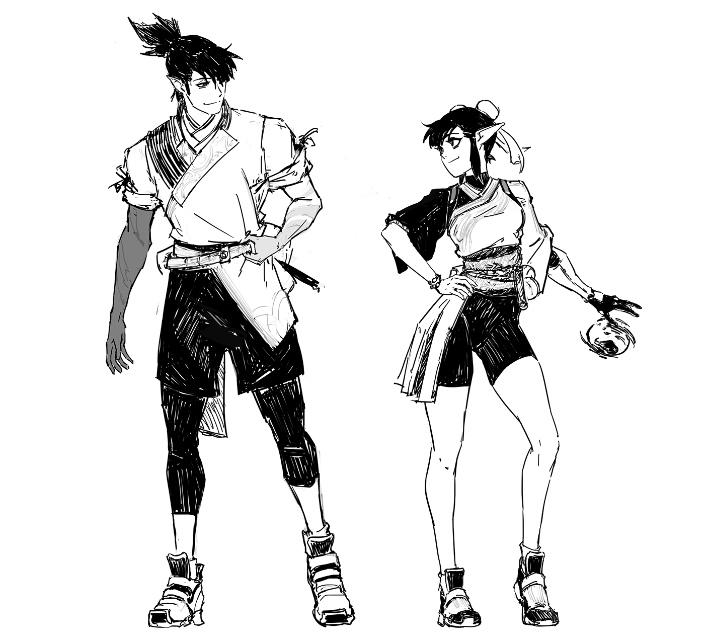 a black and white sketch depicting two animestyle characters. the male character on the left has dark hair tied up in a ponytail, is wearing a loosefitting top and shorts with leggings, and sports shoes. he has a somewhat serious expression. the female character, positioned to the right, seems to be of elven descent, with pointed ears, and sports a more fitted top and shorts ensemble with a flowing sash. she holds what seems to be an orb or small ball in one hand and displays a more confident, almost playful stance. both characters are rendered in a dynamic pose, suggesting movement or readiness for action. the style is reminiscent of manga or anime character design, using expressive lines and shading to give depth and movement to the figures. the overall feel is one of fantasy or action.