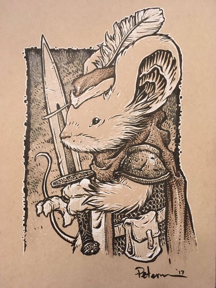 the image is a detailed illustration of an anthropomorphic mouse knight. the mouse is depicted wearing armor, a feathered cap, and a cloak. it is holding a sword. the style is reminiscent of a medieval fantasy illustration, with intricate linework and shading. the background is a textured, dark pattern, providing contrast to the lightercolored mouse. the drawing appears to be done in ink on a tan or brown paper. the signature "peterm '17" is visible in the lower right corner.