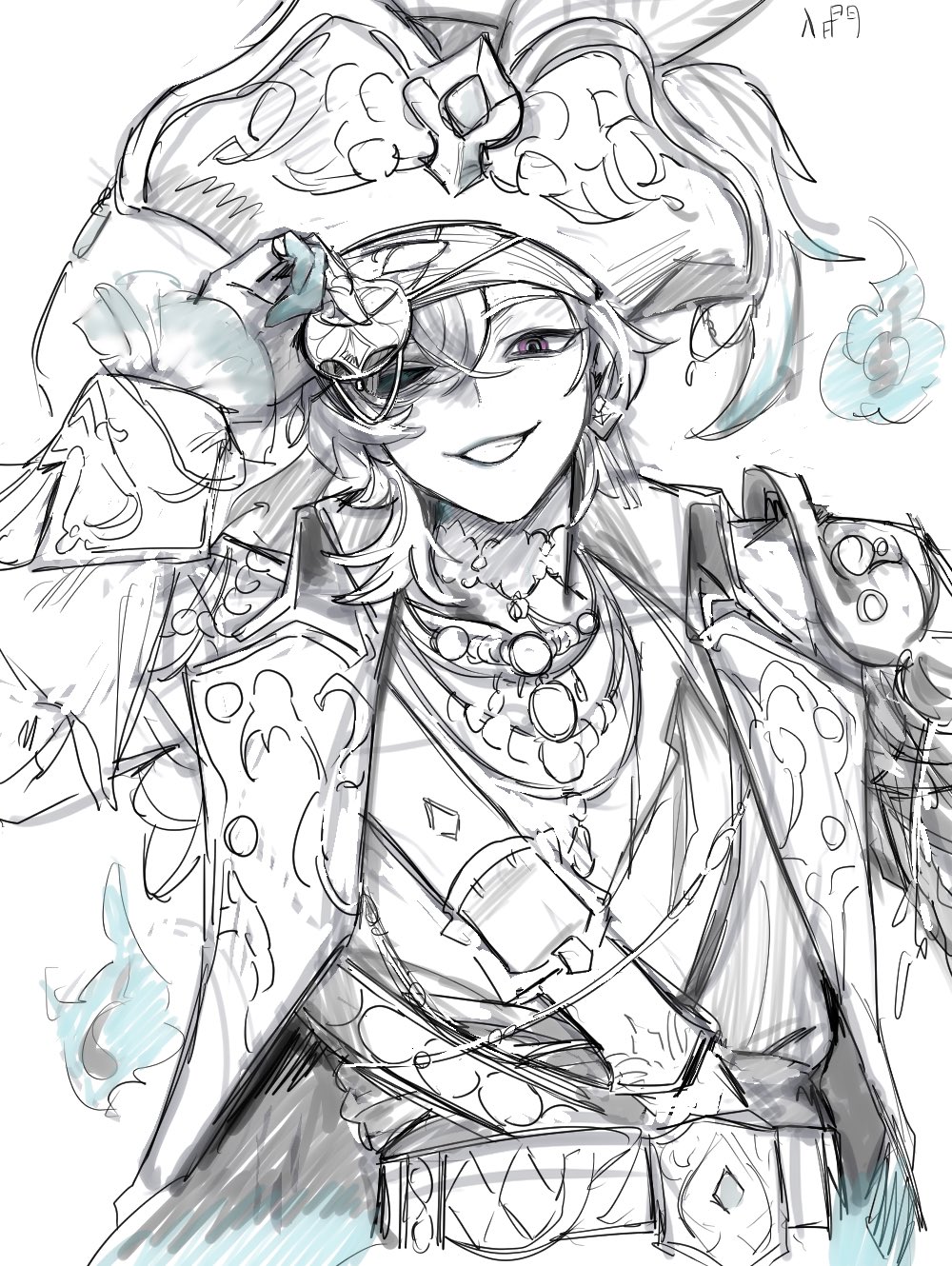 a sketchstyle fanart of dottore from genshin impact, depicted in a piratethemed outfit. he's wearing a pirate hat with a feather, an eyepatch, and an ornate pirate jacket. he has a smiling expression. there are ghostlike blue flames around him.