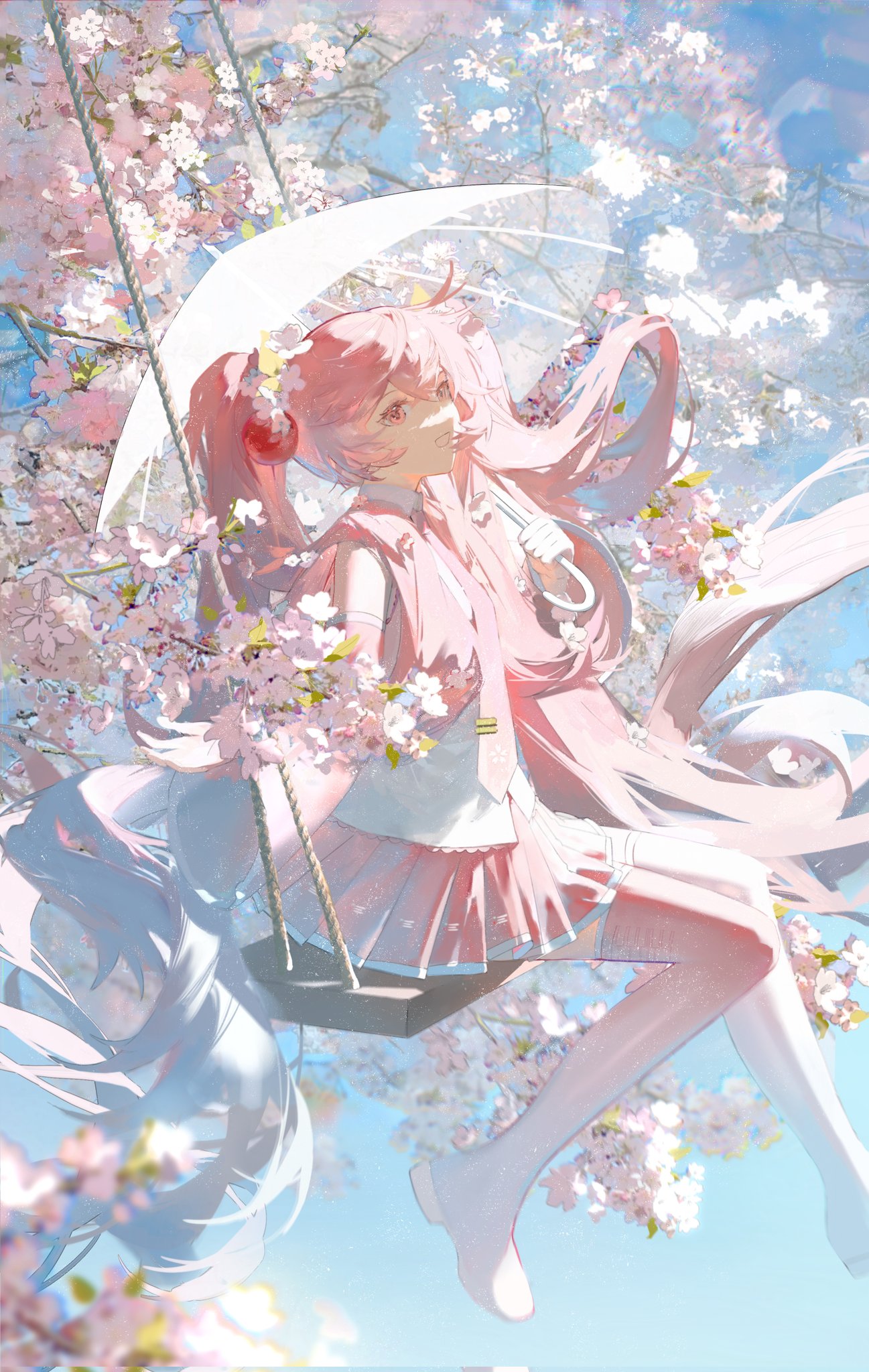 the image is a digital painting of an animestyle girl with long pink hair. she is sitting on a swing surrounded by blooming cherry blossoms. she's wearing a pink and white school uniformstyle outfit and thighhigh socks and boots, and holds a translucent umbrella. the overall aesthetic is pastel, light, and airy, creating a dreamy and ethereal atmosphere.  the style is soft and romantic, with a focus on delicate details and a hazy, almost watercolorlike effect. the scene evokes feelings of spring, youth, and tranquility.