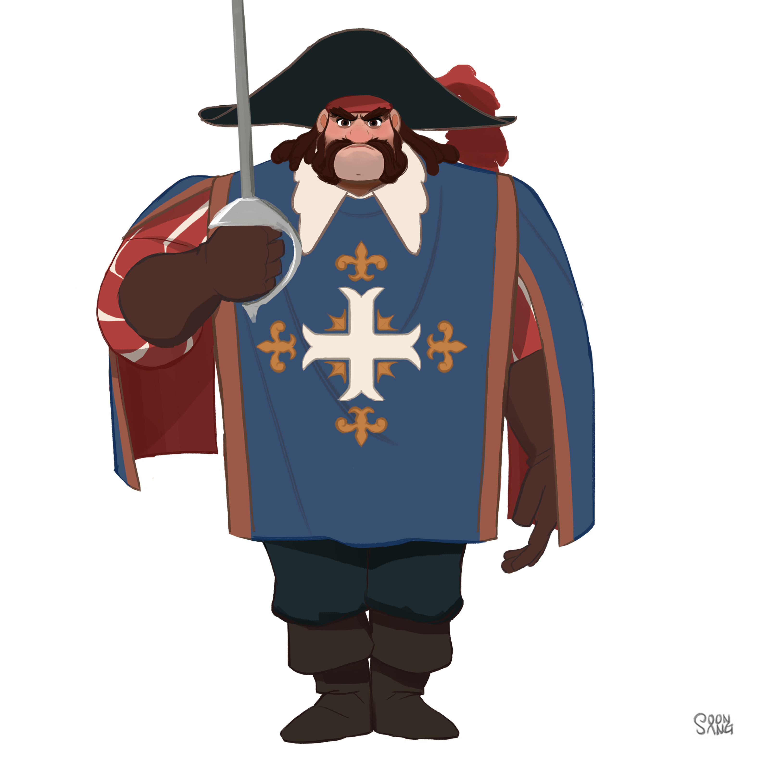 a cartoon drawing of a stocky musketeer standing facing forward and holding his sword in front of him. he has a red and white striped sleeve, a blue tunic with gold fleurdelis details, a white collar, brown pants and shoes, and a large black hat. the background is white.
