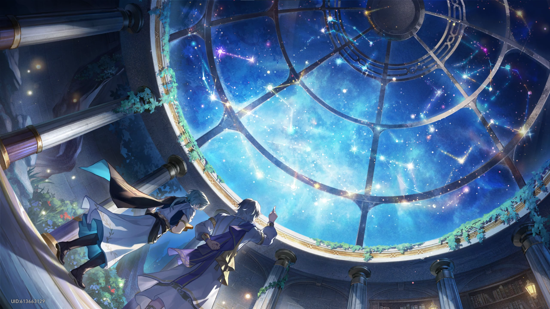 two male characters are looking up at a domed ceiling displaying stars and constellations. the scene is set in an observatory or library with columns, books, and vines. a telescope is visible in the foreground.