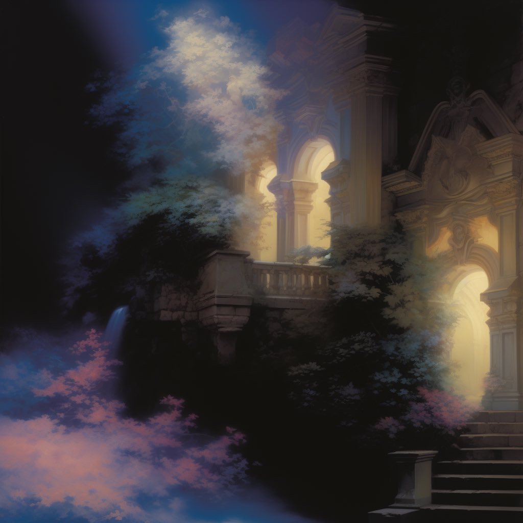 the image showcases a majestic, intricately carved stone structure reminiscent of a classical temple or palace. partially obscured by ethereal clouds and lush foliage, its architectural details emerge subtly from the shadows. a grand staircase leads upward, shrouded in mist and illuminated by an otherworldly, golden light emanating from within. a gentle waterfall cascades down the side, disappearing into the swirling clouds below, adding to the dreamlike atmosphere.  the overall effect is one of tranquility and mystery, inviting the viewer to imagine the secrets hidden within its walls.