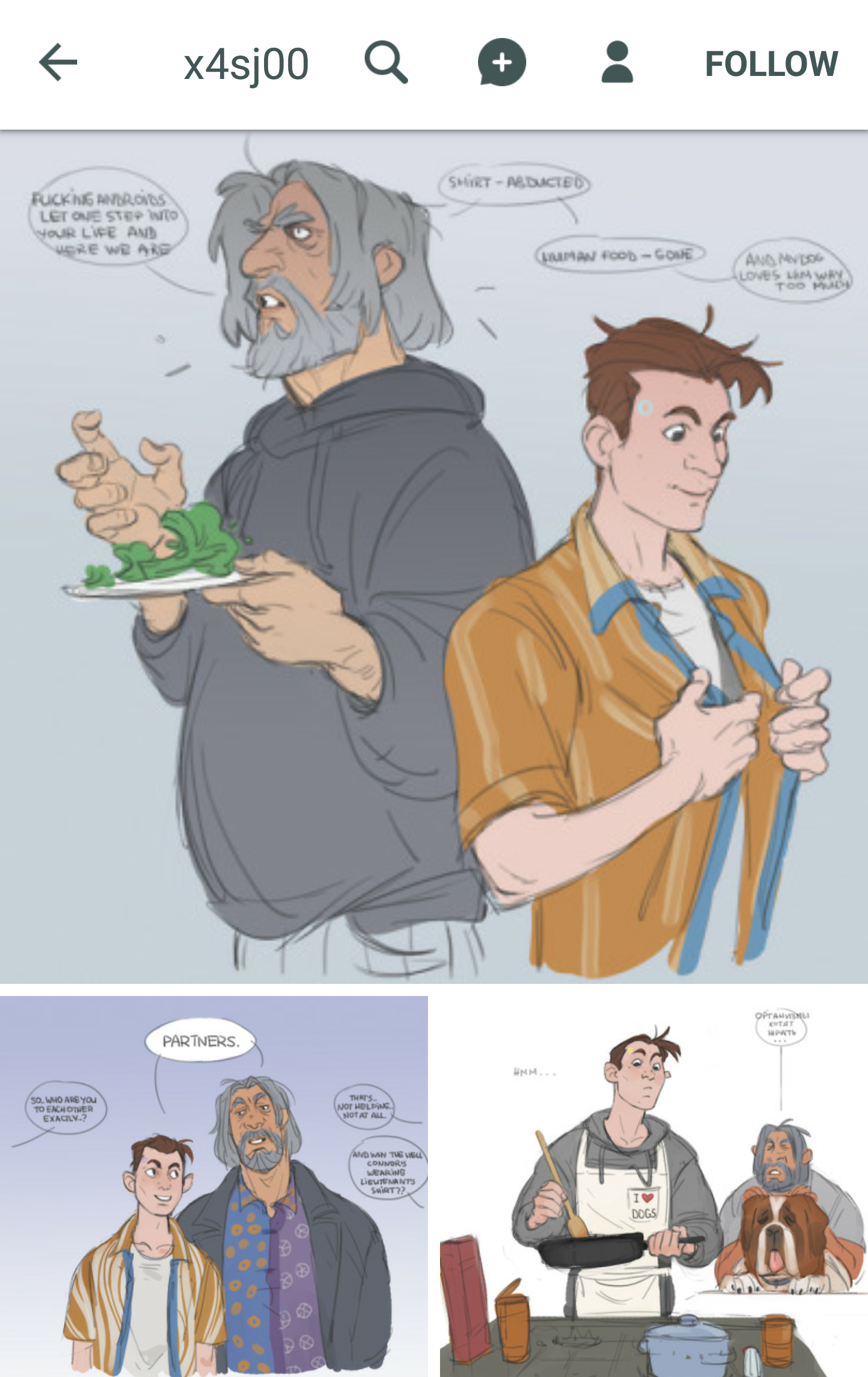 a series of four drawings featuring three men and a dog. the first drawing shows two men, one older and one younger, with speech bubbles that have been redacted. the second drawing shows the two men and a dog. the third drawing shows the two men and another man standing together. the fourth drawing shows the younger man cooking in a kitchen, with the older man and the dog in the background.
