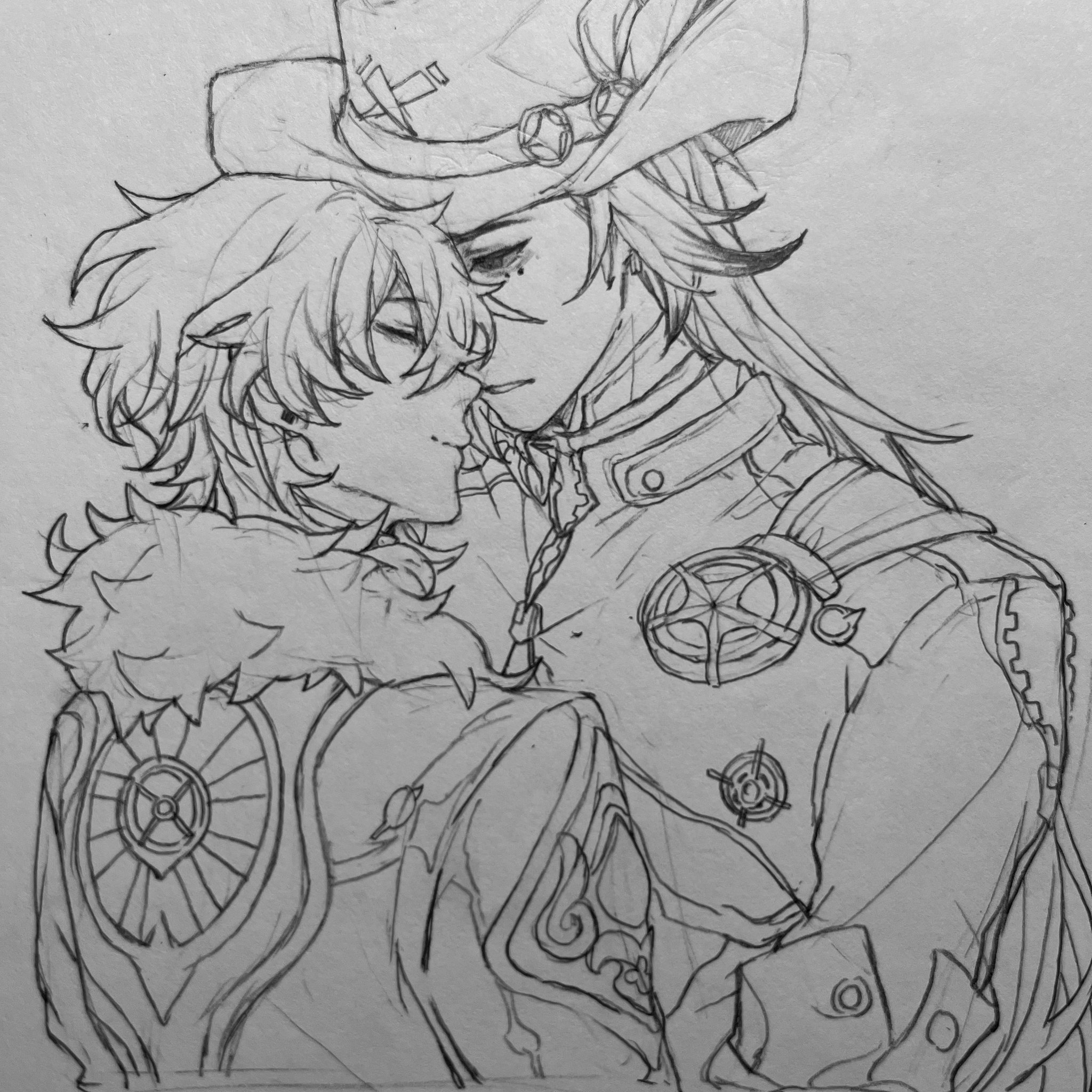 the image is a detailed pencil sketch of what appears to be fanart of two anime or manga characters intimately embraced. one character wears a large, ornate hat reminiscent of a cowboy hat or military style and a detailed, militarystyle jacket adorned with circular insignia. the other character has fluffy, slightly spiky hair and wears a jacket with ornate detailing, also including a circular emblem. the sketch focuses on the closeness of the characters' faces, conveying a sense of affection or romance. the style is detailed, with intricate line work defining the clothing and hairstyles. the overall mood is romantic and intimate.