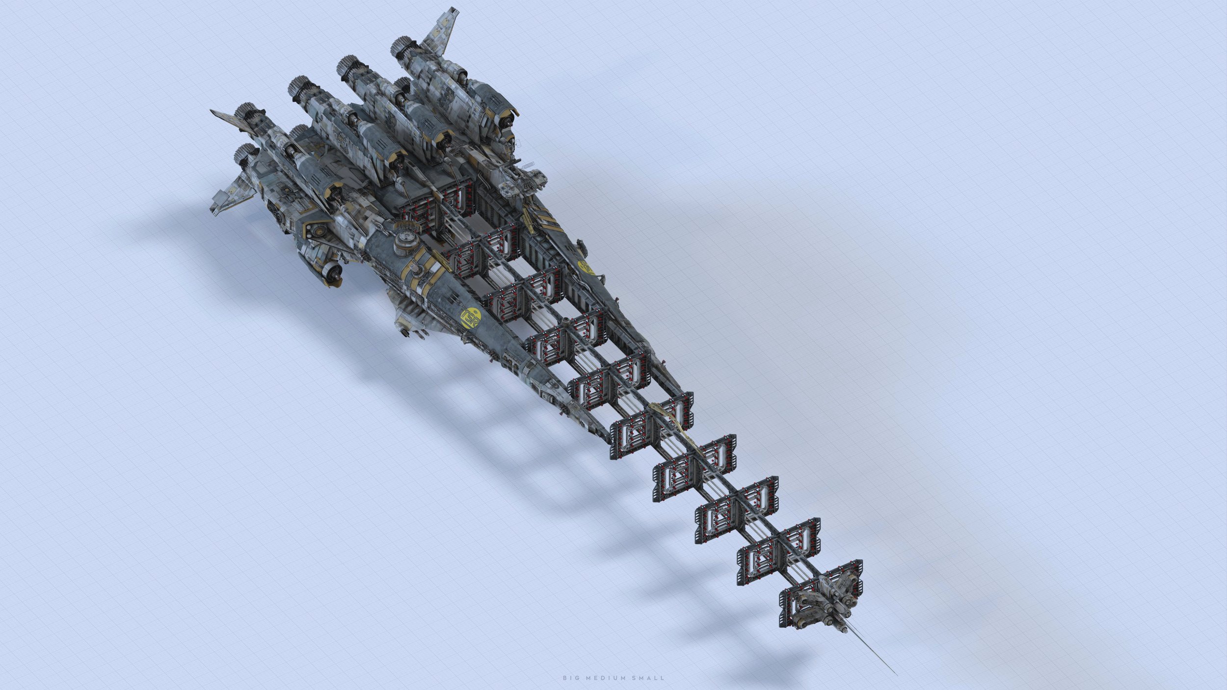 the image presents a detailed 3d render of a large, futuristic spaceship.  the vessel is long and slender, with a main body section flanked by a series of what appear to be detachable or modular units extending along its length. several smaller fighter craft are docked or attached at the front. the spaceship's design features intricate detailing, suggesting a worn or weathered appearance. the overall aesthetic is one of militarygrade scifi technology. the spacecraft is rendered against a plain white background, providing a clean backdrop that highlights its features.  the view is from a high angle, looking directly down onto the top of the ship.
