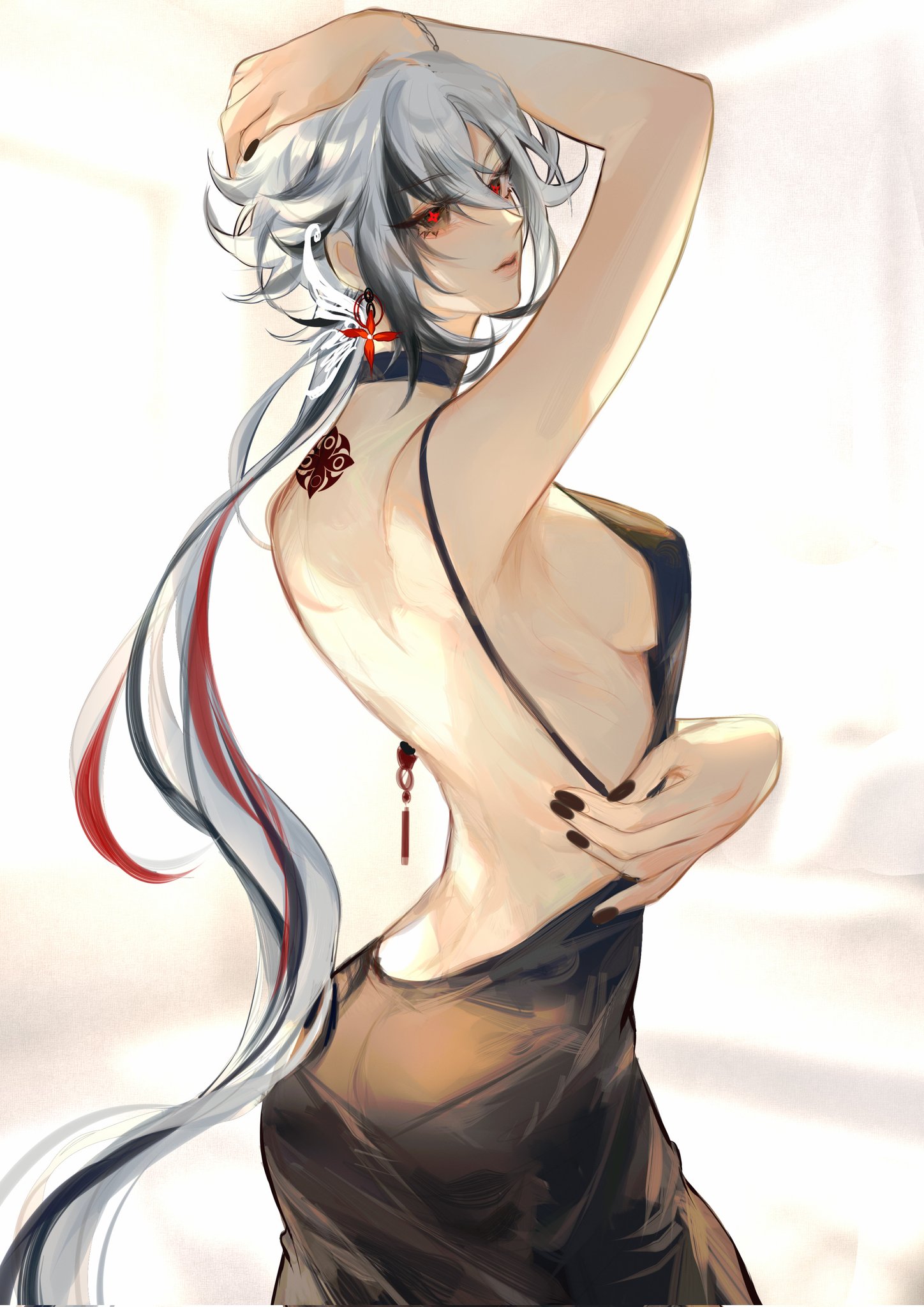 the image is a digital painting of an animestyle woman. she has long, flowing white and red hair, striking red eyes, and is wearing a dark, backless dress that accentuates her figure.  she has a tattoo on her back and is subtly adjusting her dress. the overall style is elegant and suggestive, with a soft, light background that contrasts with the woman's dark hair and dress. the lighting and shading create a sense of depth and form, highlighting her curves and features. the artist uses a painterly style with visible brushstrokes.