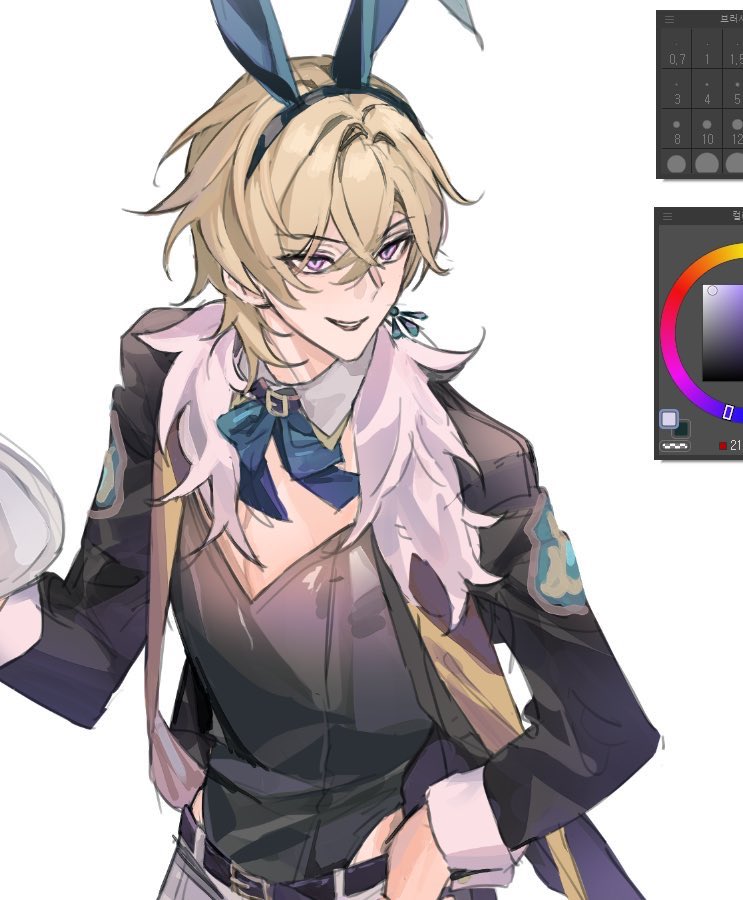 the image is a digital drawing of a male anime character. he has blond hair, purple eyes, and is wearing a black jacket, a white fur collar, a bow tie, white pants, and bunny ears. he is looking to the right of the frame, with a smirk on his face. the drawing is very detailed and has a vibrant color scheme. there are color palettes in the background of the image, which might indicate that this image was created digitally.