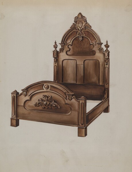 a drawing or sketch depicts an ornate wooden bed. the bed features a high, arched headboard with elaborate carvings. the footboard is also carved and decorated. the bed is brown in color.