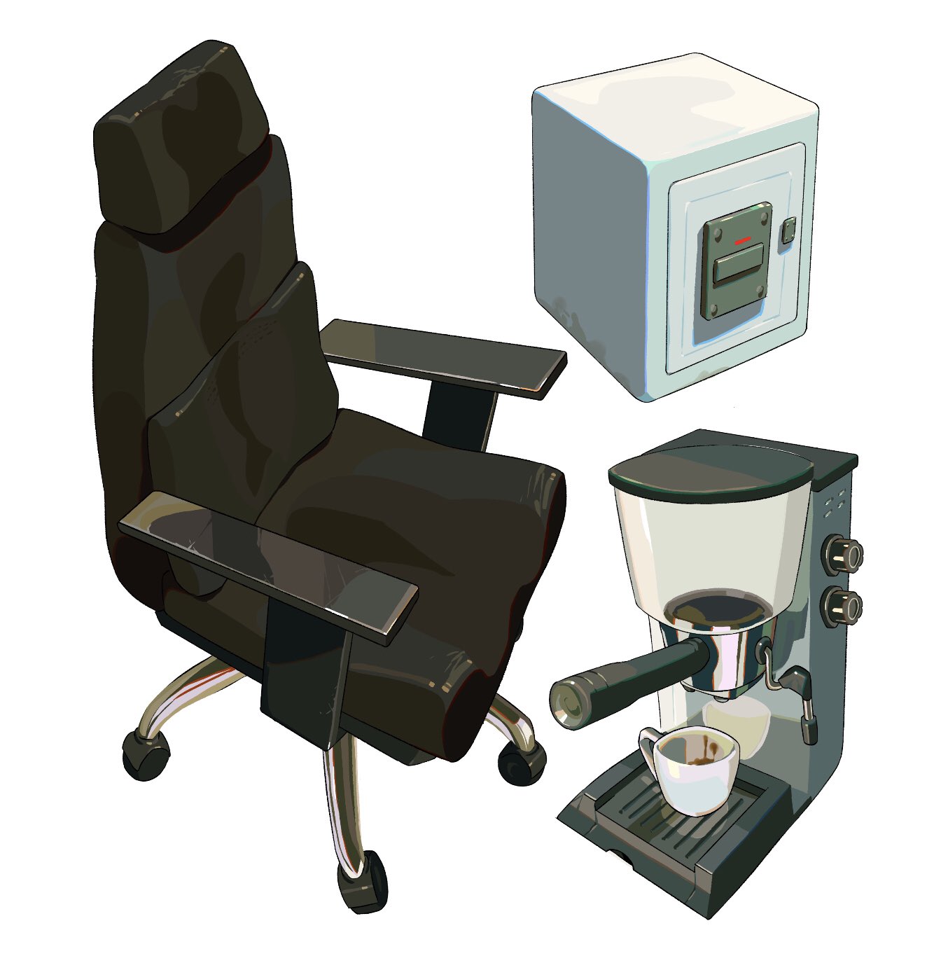 the image shows an office chair, a safe, and a coffee maker with a cup under it.