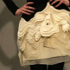 a closeup shot of a woman wearing a white, cream, and layered ruffled skirt. the skirt is designed in an abstract, organic way, almost resembling a topographic map. the skirt is layered and ruched, with each layer slightly offset from the next. the woman's hand is visible on the left side of the image, with her fingers delicately touching the ruffle. the skirt is a very dramatic and eyecatching design, and the woman is wearing it with confidence. the background is blurred and out of focus.